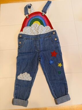 Mini Boden Rainbow Patch Denim Overalls - Blue with Red, Green, Yellow EUC